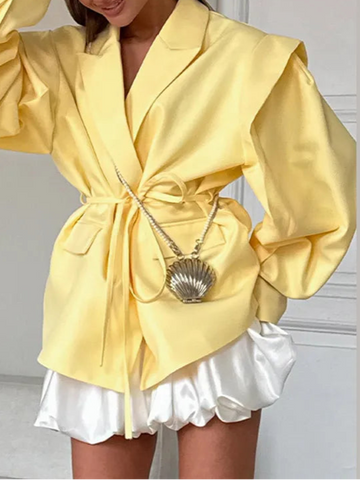 Lace Up Shoulder Pad Blazer Coat Women Elegant Commute Outerwear