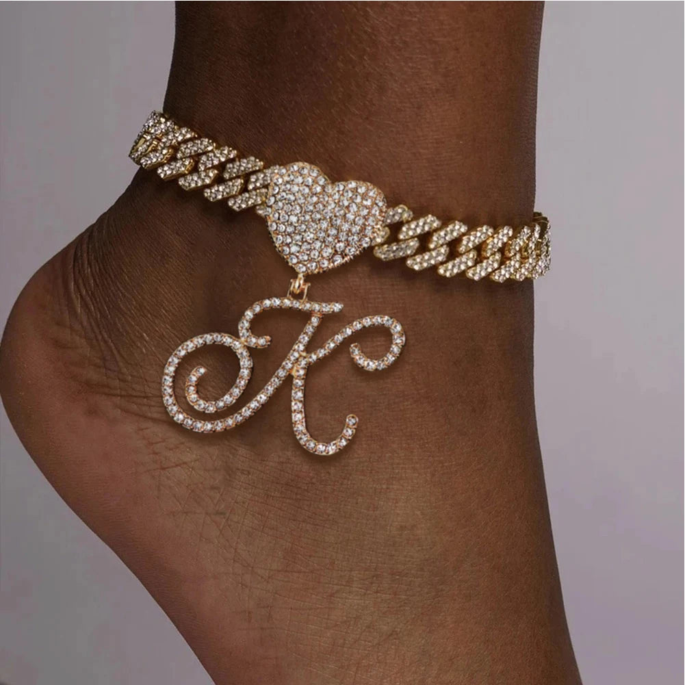 A-Z Cursive Initial Letter Cuban Anklets Bracelet For Women 14mm Iced