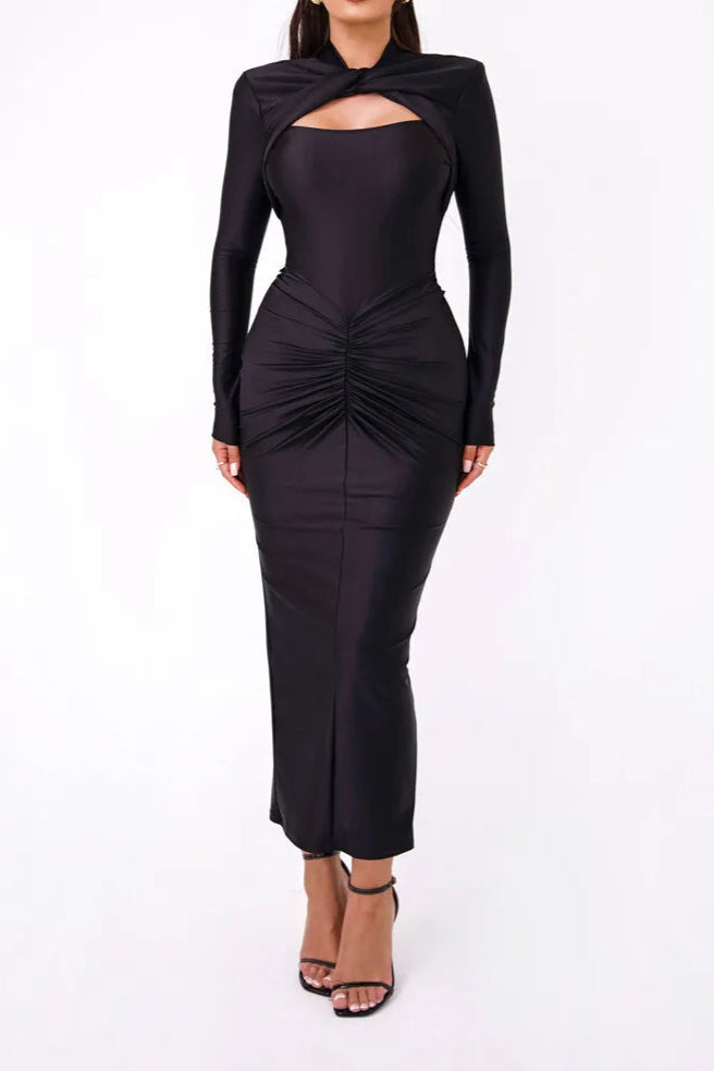 Hollow Out Long Sleeve Maxi Dress For Women Metal Buckle Bodycon Cocktail Dress