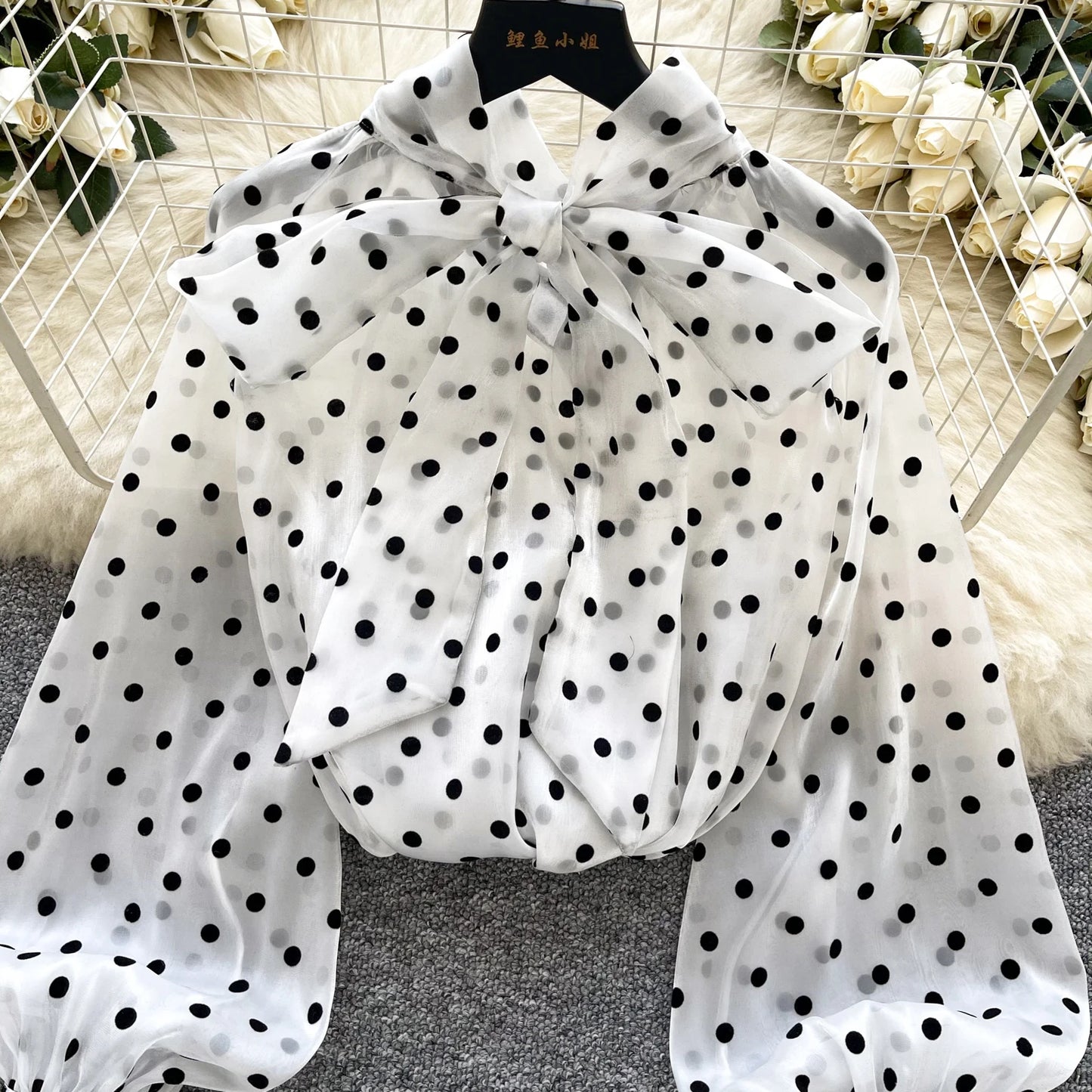 Vintage Polka Dot Tops Puff Sleeve Bow Lace Up Design Blouse