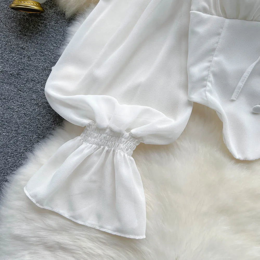 Flare Sleeve Women Top Ruffle Solid Elastic Waist Halter Backless Chiffon Blouse