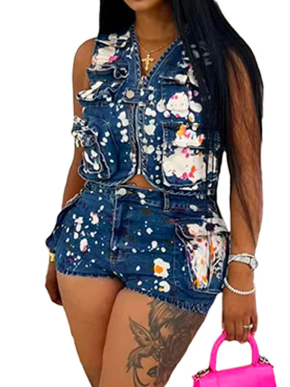 Printed Blue Denim Two 2 Pieces Women's Set Sleeveless Zipper Jacket Crop and Shorts