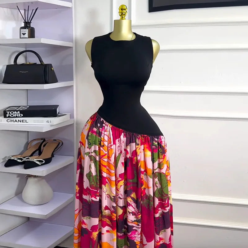 Sleeveless ashes Maxi Dress Printed Patchwork Tank Long Maxi Dress
