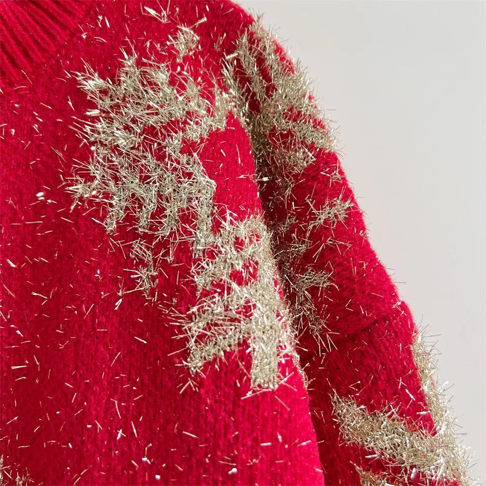 Loose-fit Line Big Snowflake Christmas Sweater Women's Pullover Thickened Crew Neck Sweater