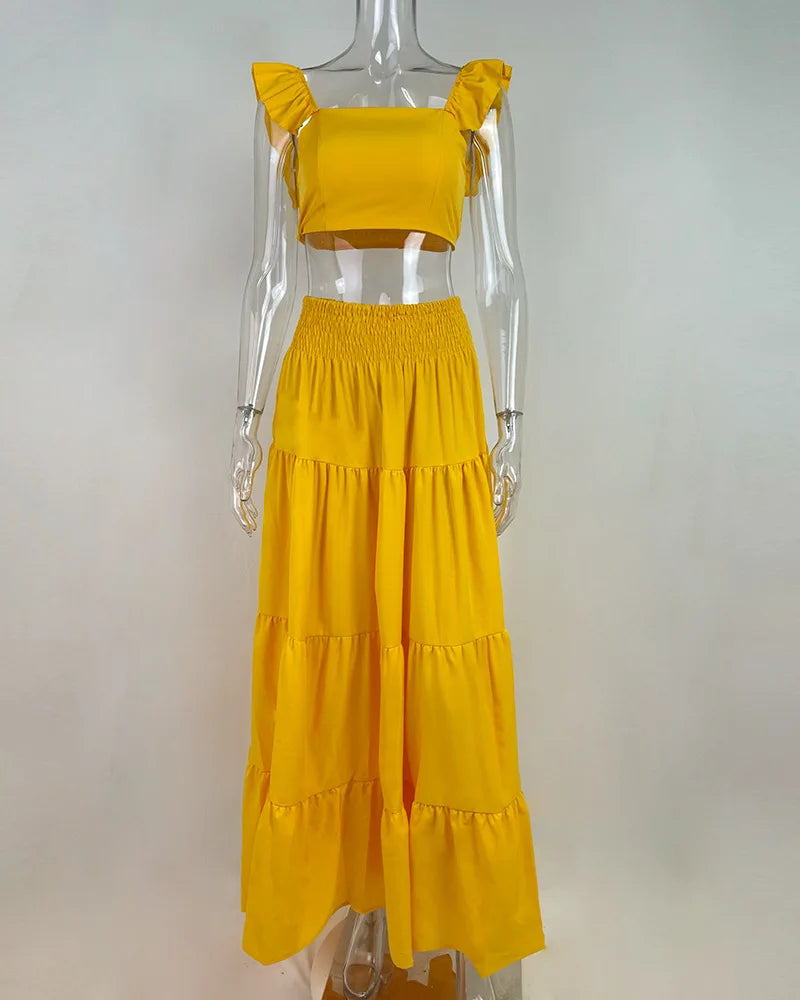 Y2k Two Piece Set Elegant Sexy Collage Sleeveless Top and Maxi Skirt Set