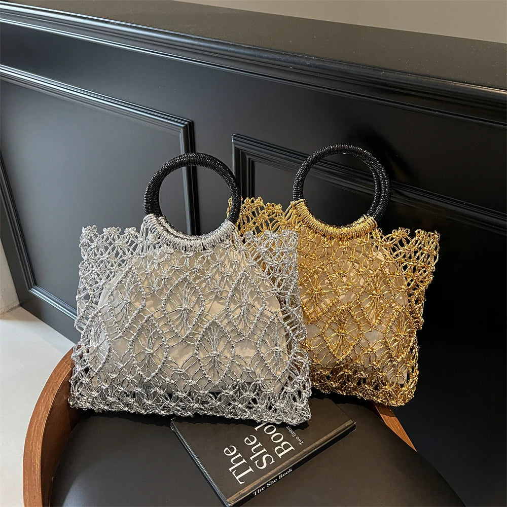 Handmade Woven Design Round Handle Handbags For Women