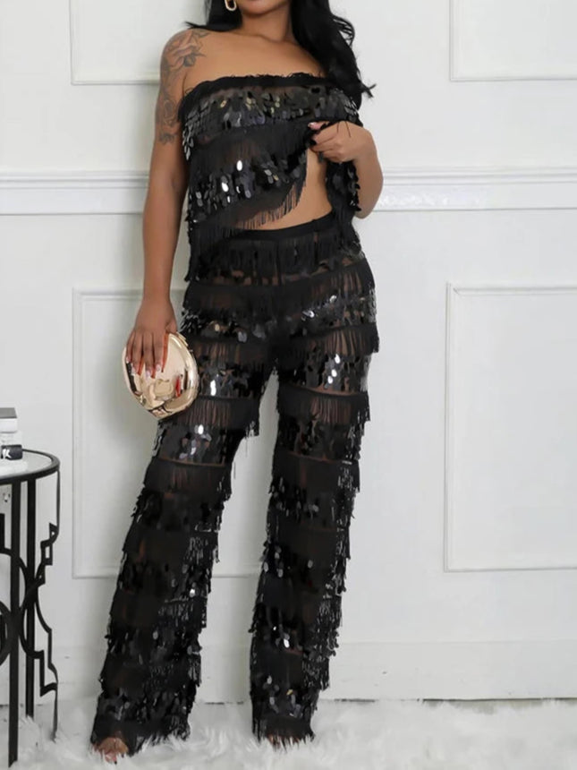 New Luxury Sequin Tassel Women Sleeveless Strapless Crop Tops and Wide Leg Pants Two 2 Piece Birthday Matching Sets