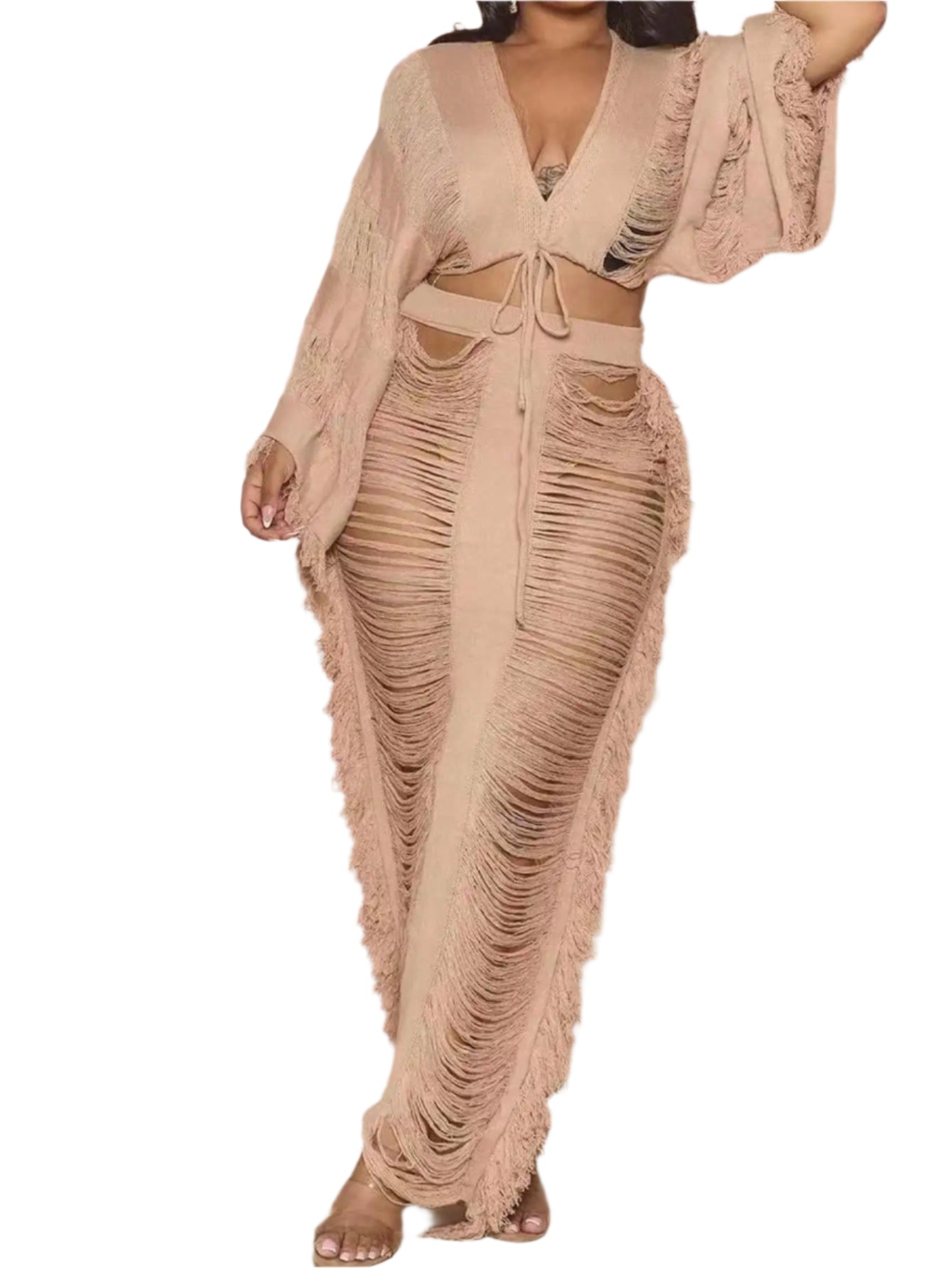 Women's Fringed 2-piece Set Long-sleeved top with fringed cutout sexy and elegant party club outfit
