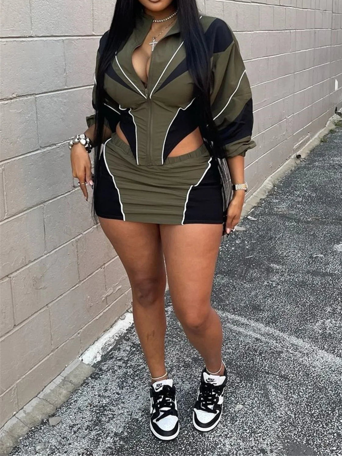 Color Block Two Piece Set For Women Casual Zip Lantern Sleeve Irregular Crop Jacket + High Waist Skirts Suit