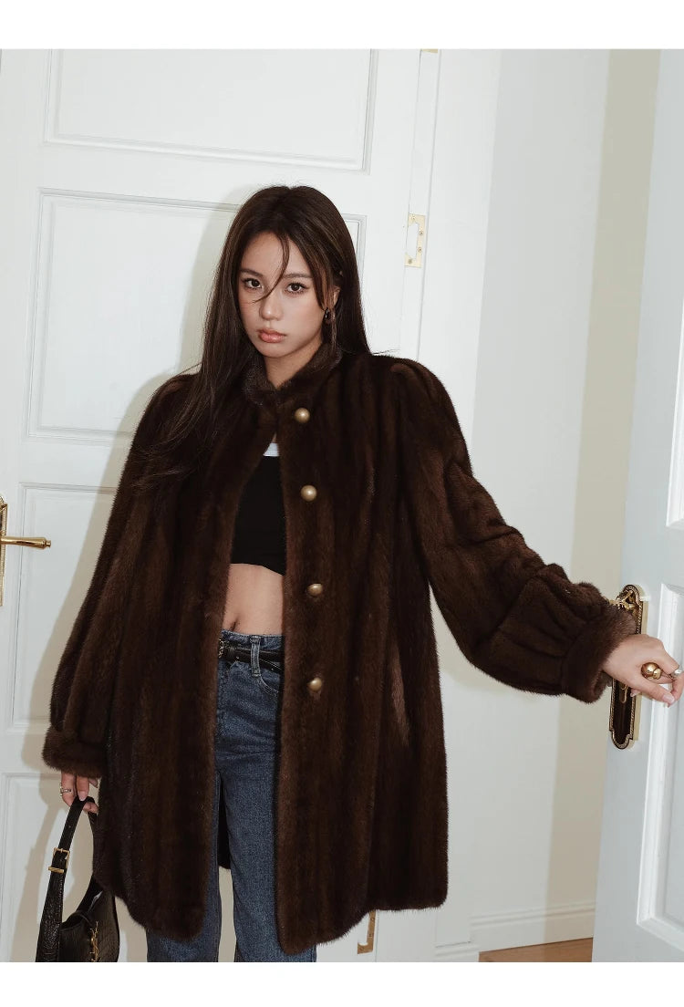 Brown Thick Warm Soft Faux Mink Fur Coat Women Puff Sleeve Stand Collar Fluffy Jacket