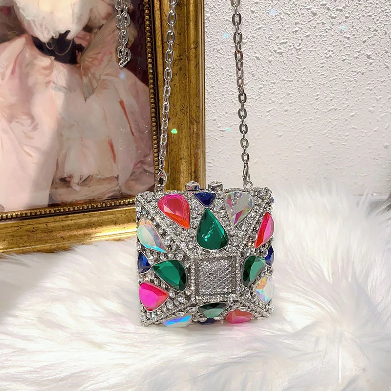 Luxury Glitter Metal Box Women Handbag Crystal Clutch Purse