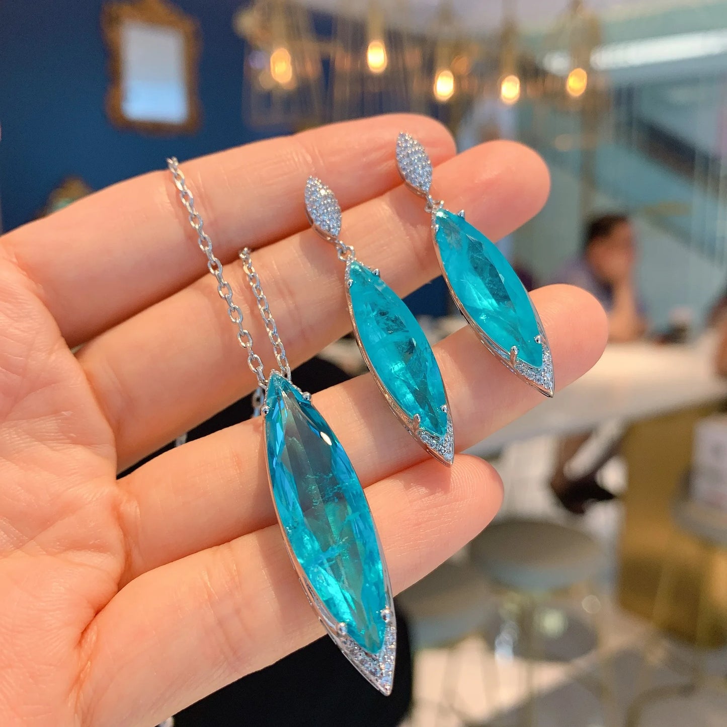 Blue Paraiba Crystal Gemstone Pendant Necklace Jewelry Set Gift for Women
