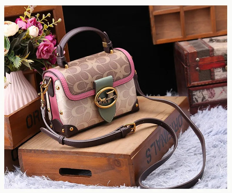 contrasting color women's bag, high-end carriage crossbody bag, portable box bag