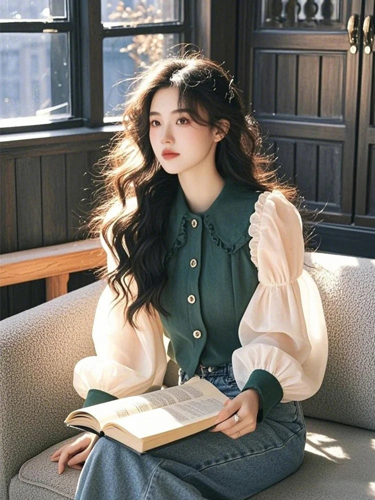 Vintage Women's Blouses Korean Shirts Loose Chiffon Patchwork Long Sleeve Ruffle Top