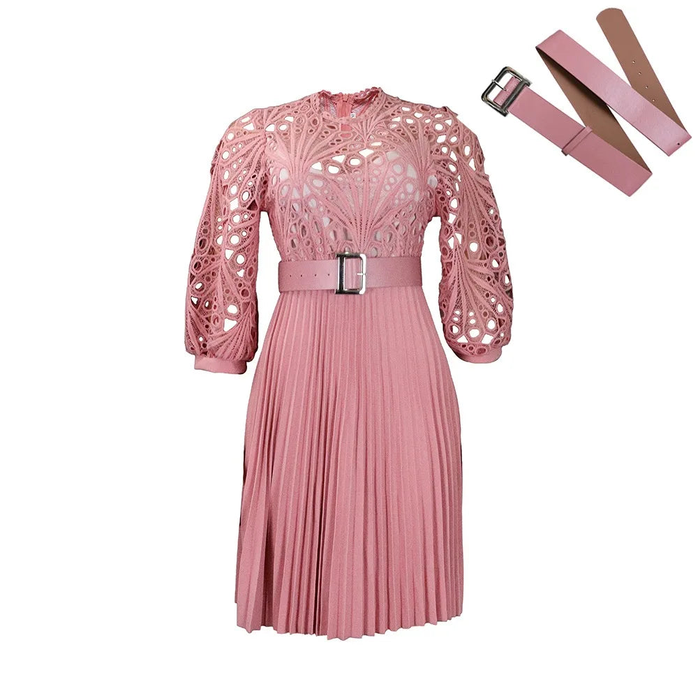 Elegant Dresses for Women O Neck Three Quarter Sleeve Belt Waisted Lace Patchwork Knee Length Luxury Female Birthday Party Dress