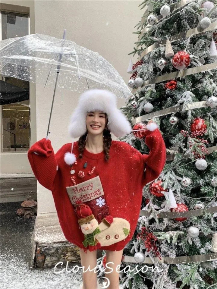 Christmas Sweater Loose New Lazy Thick Sweater Three-dimensional Cartoon Red Sweater