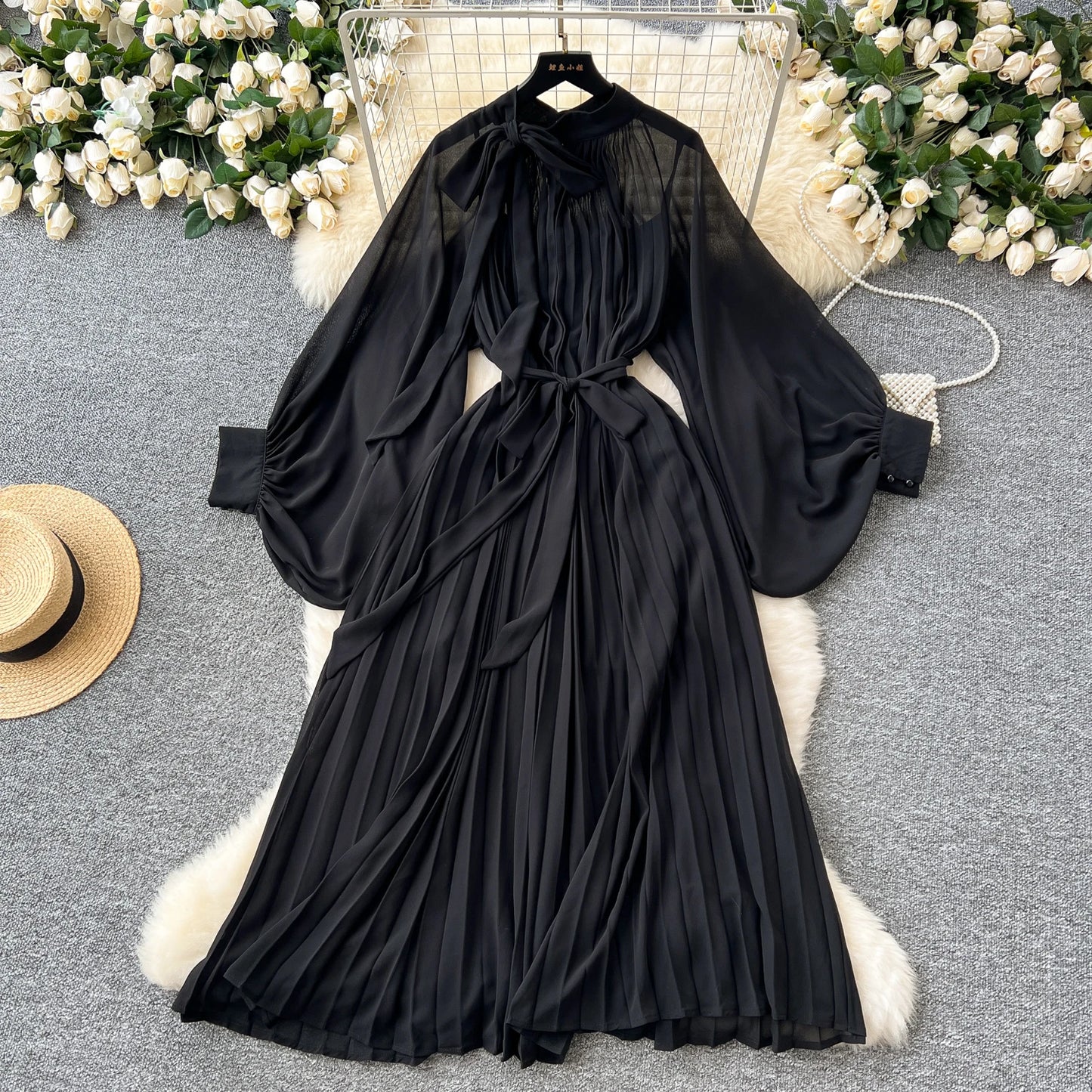 Women Elegant Long Flare Sleeves Vintage Bow neck Bow Loose Midi Dress
