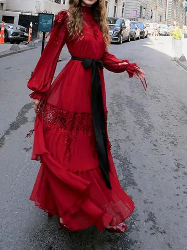 Sexy Long Sleeves Lace Patchwork Maxi Dress Women Red O Neck Folds A-line Cocktail Gown
