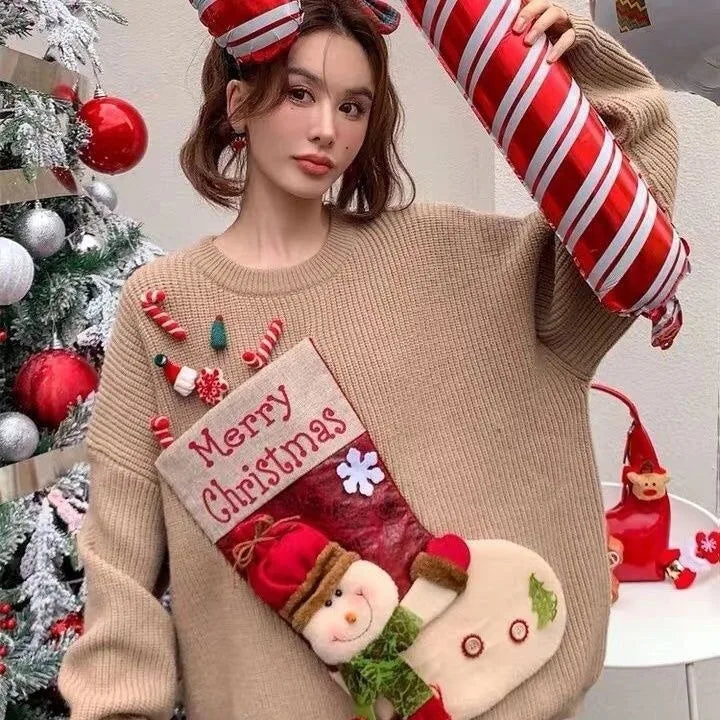 Christmas Sweater Loose New Lazy Thick Sweater Three-dimensional Cartoon Red Sweater