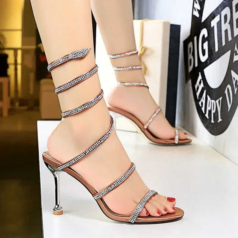 Women Luxury Party 8.5cm High Heels Summer Sexy Nightclub Sandals Female Red Green Ankle Strappy Roman Gladiator Crystal Sandles