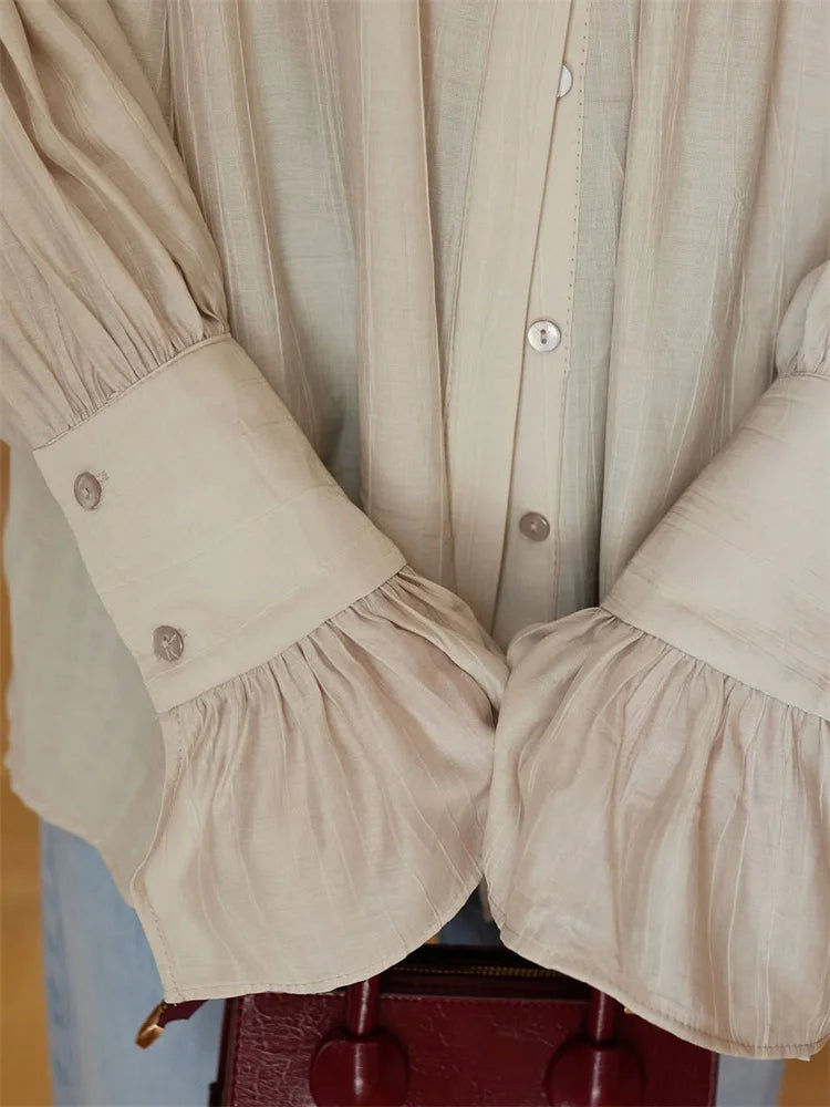 Summer Ruffled Loose Shirts For Women Lapel Long Sleeve Casual See-Through Blouse