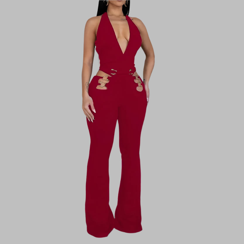 Women V-Neck Backless Straight Sleeveless Flare Jumpsuits One Piece Outfits