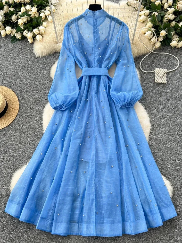 Elegant Lantern Sleeves Vintage Stand Collar Chic Single Breasted Rhinestone Bandage Slim High Street Long Dresses