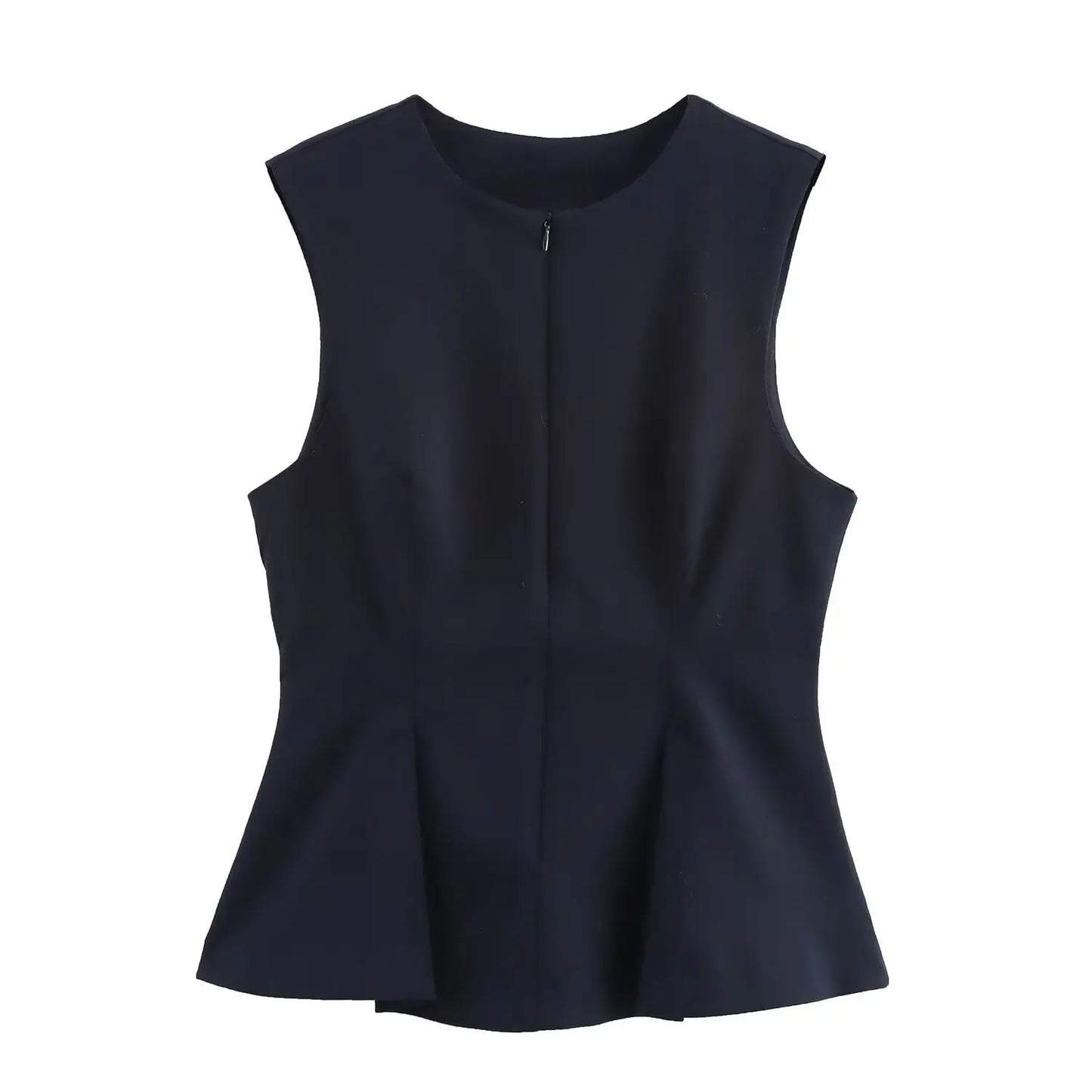 Women Solid Zipper Vintage Causal Sleeveless O Neck Tank Blouse Slim Pleated Vest Blouse High Street Folds Top
