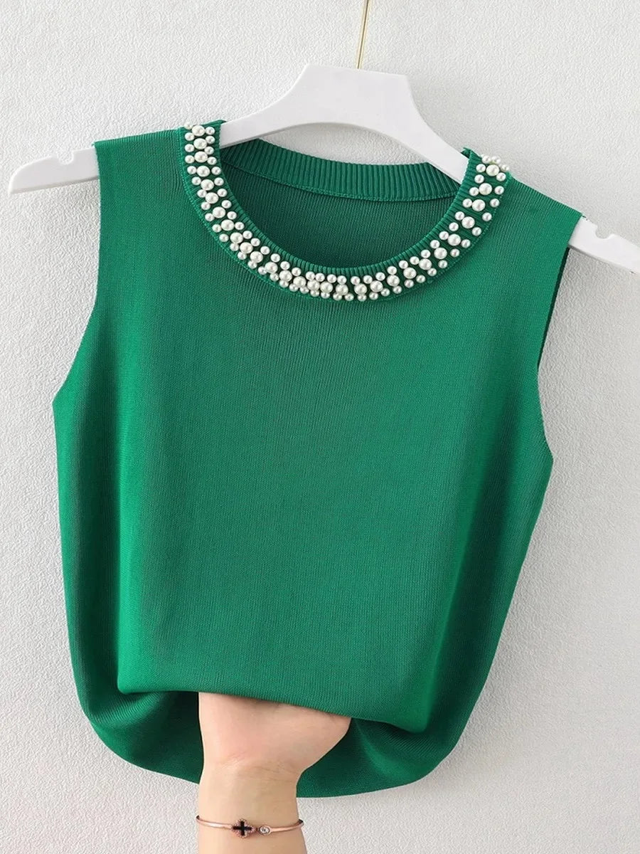 Knitted Sleeveless Beaded Casual Thin Tops