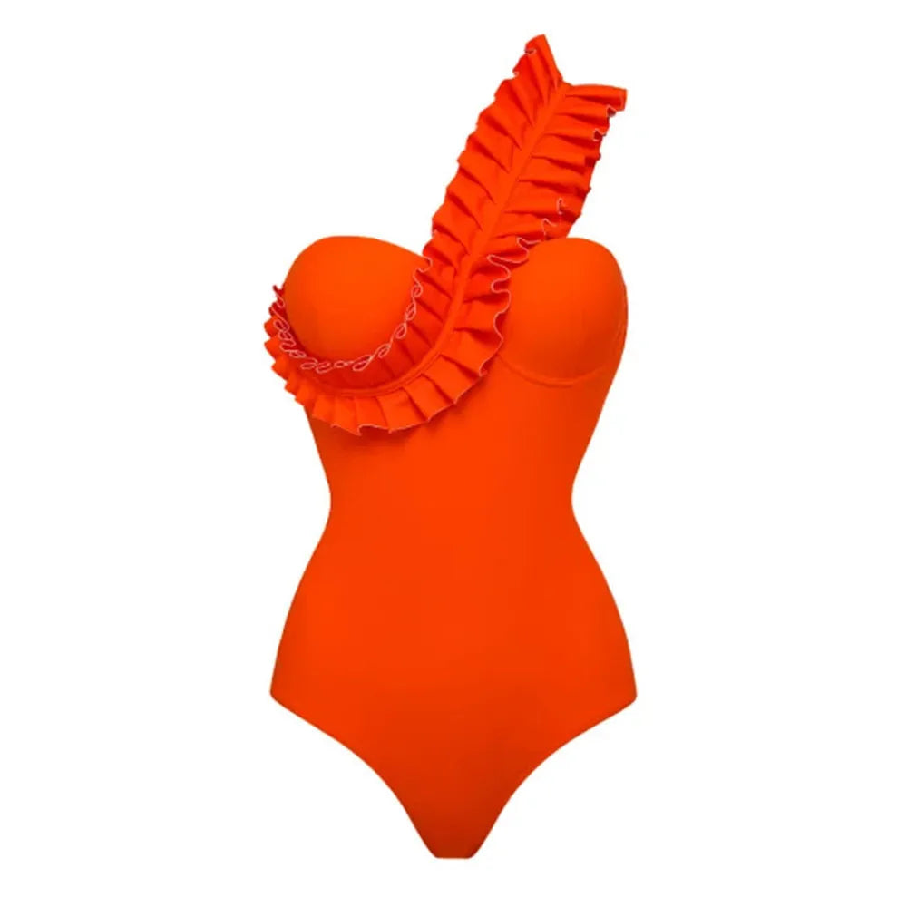 One-Piece Swimsuit Solid Bathing Suit Vacation Beachwear Ruffle Swimming Suit