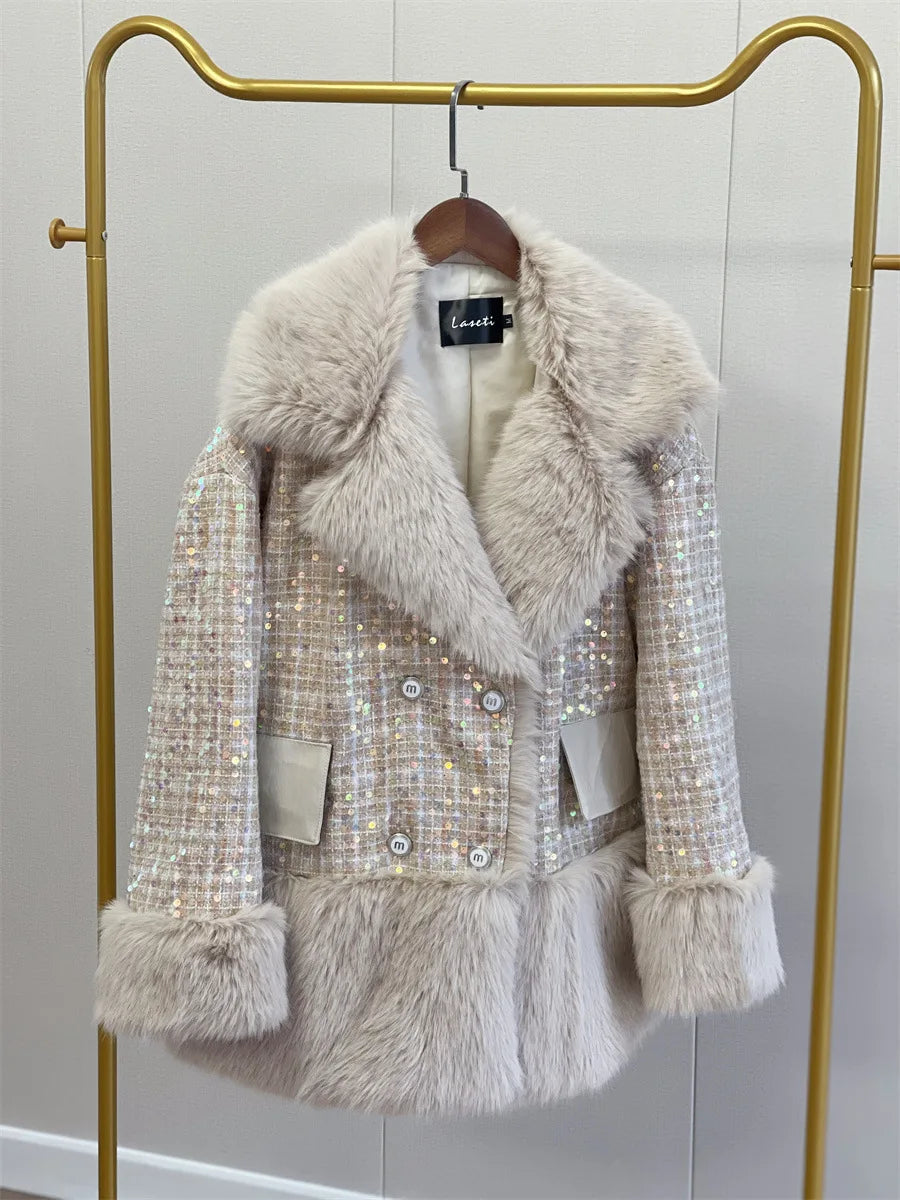 Glitter Coarse Wool Blended Fur Coat Long Sleeve Loose Coat