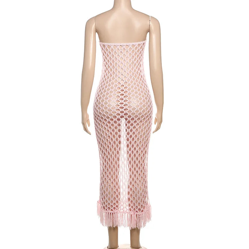 Women Beach Wear 2 Piece Set Sexy Knit Strapless Tassel Hem Dress+Bodysuit Vacation Wear