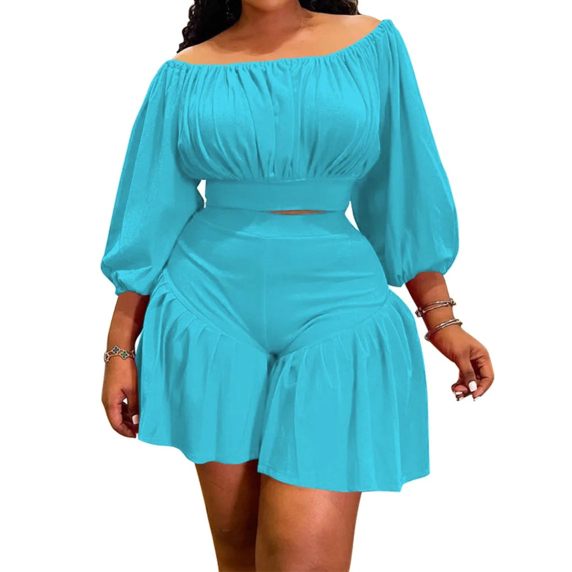 Plus Size Women's Set Long Sleeve Slash Neck T-Shirt and Shorts Summer Two 2 Piece Set