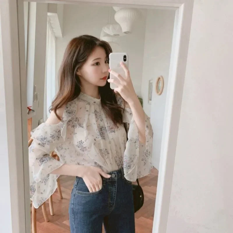 Floral Chiffon Shirts & Blouses For Women Off Shoulder Woman Top