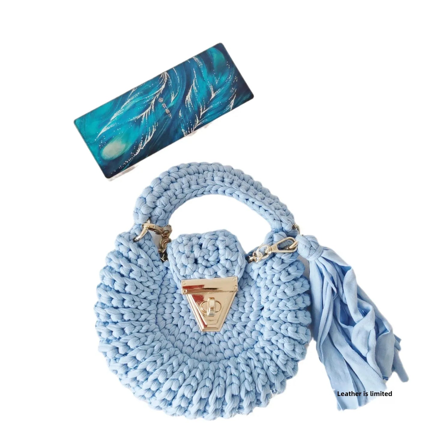 Bohemian Women's Solid Color Hook Knit Bag Round Fringed Small Crossbody Bag Soft Material