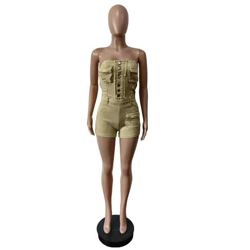 Backless Rompers for Women Solid Pocket Cargo Patchwork Jumpsuits Overalls