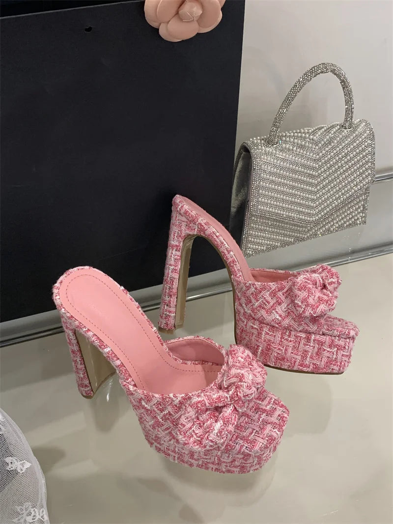 Pink Cloth Bowknot Designer Sandal Square Toe Super High Heels Platform Slippers for Women