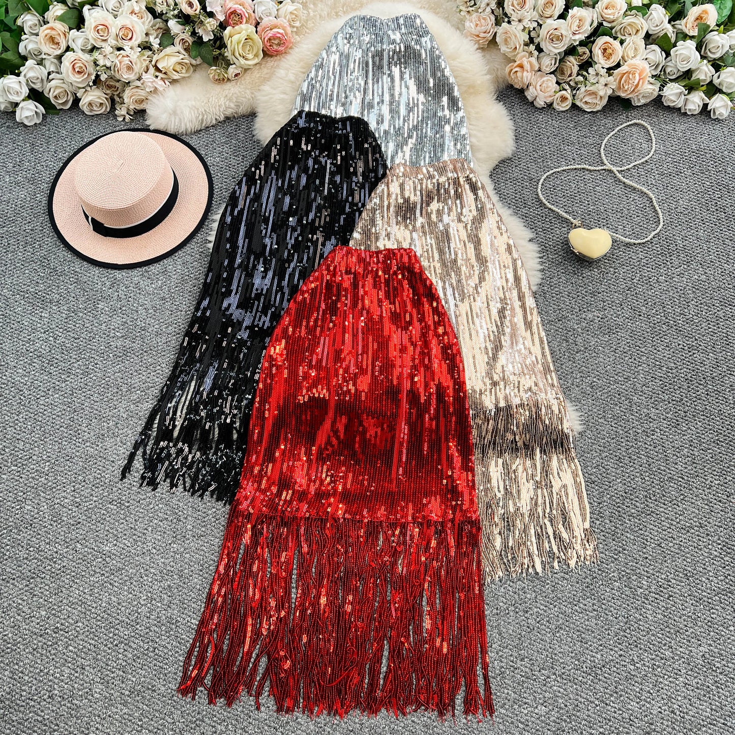 Women Chic Sequin tassel glitter Skirt High Waist Elegant Korean Fashion Skirt
