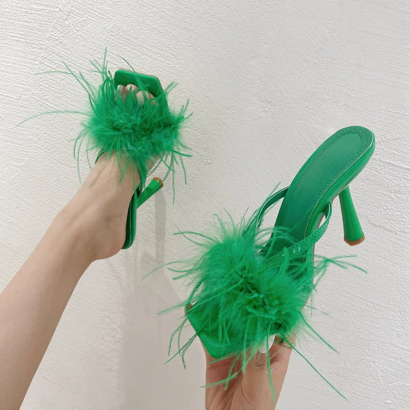 Fur Feather High Heels Slippers Sandals Women Summer Mules Ladies Shoes