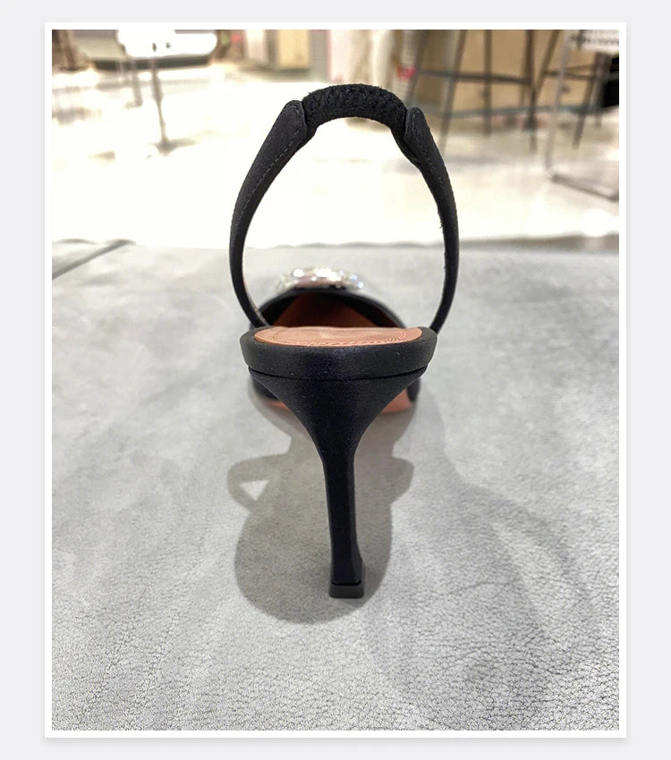 Oval Rhinestone Buckle Toe Sandals Pointed Thin Heel Hollow Banquet High Heels
