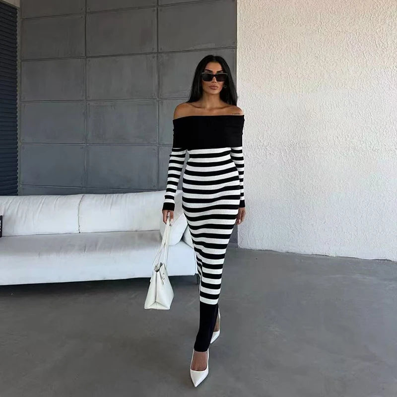 Color Matching Striped Elastic Knitted Maxi Dress