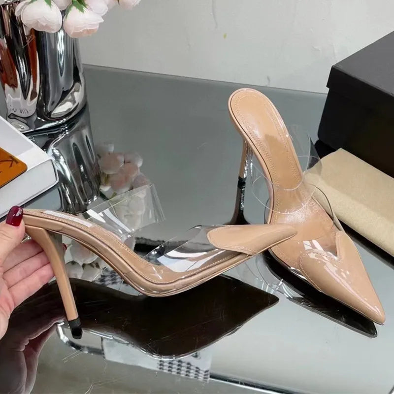 Transparent PVC Mixed-color Women Pumps Elegant Pointed toe Thin High heels Slingbacks Mules Party Prom Shoes