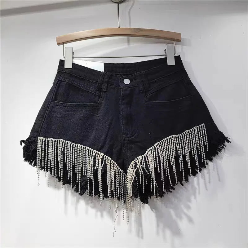 Denim shorts women's heavy industry rhinestone design high waist hot pants