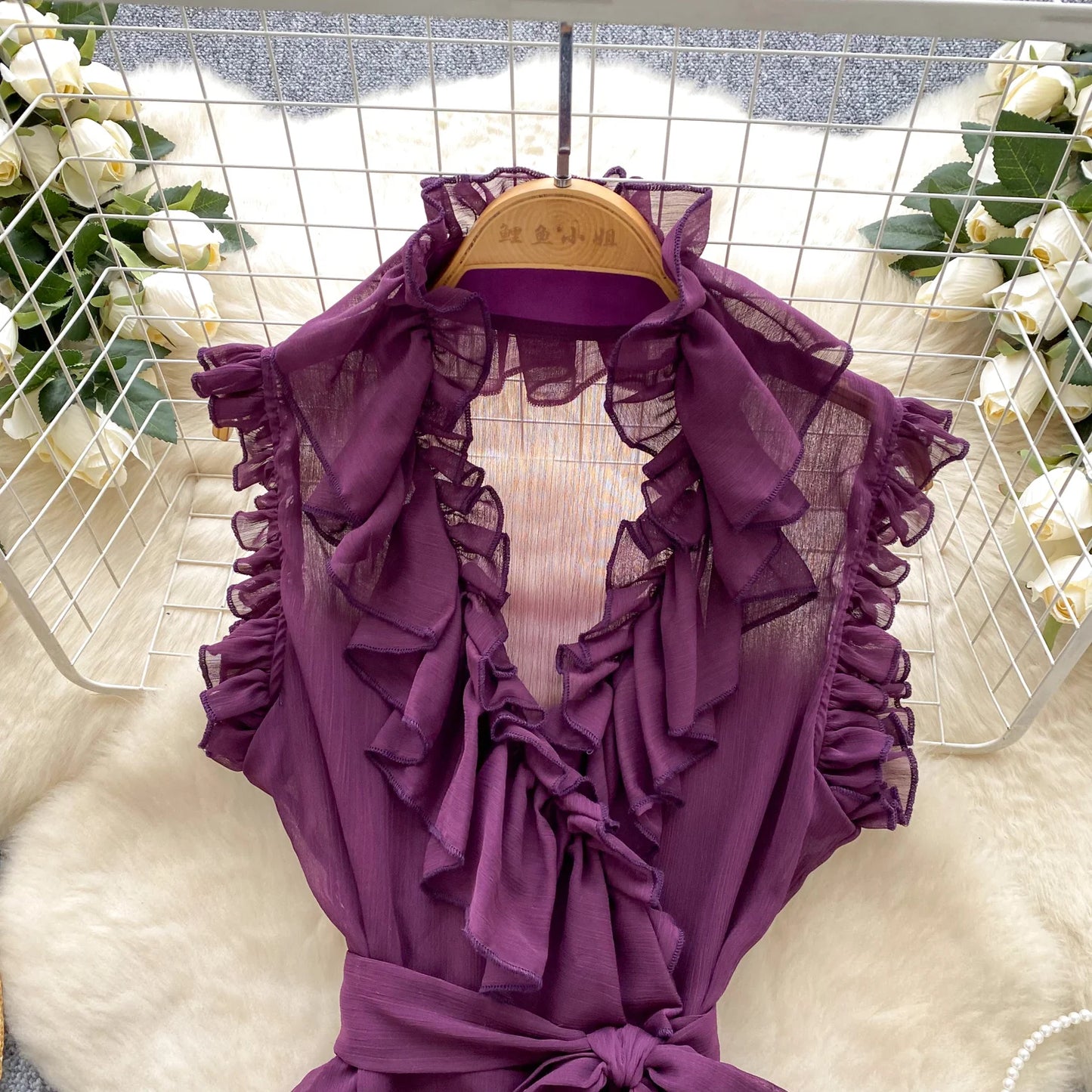 Sweet Ruffles Chiffon Blouses Women Sleeveless V Neck Retro Lace Up Blouse