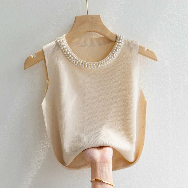 Knitted Sleeveless Beaded Casual Thin Tops