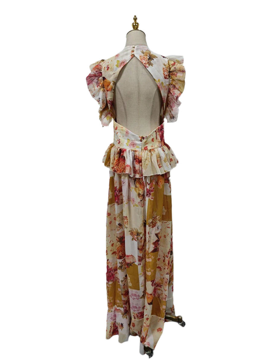 Maxi Dress for Women V Neck Sleeveless High Waist Patchwork Ruffles Edge French Sexy Printed Dress