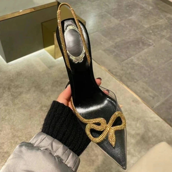 Clear Rhinestone High Heels Women's Thin Heels Pointed Sandals Transparent Buckle Shoes