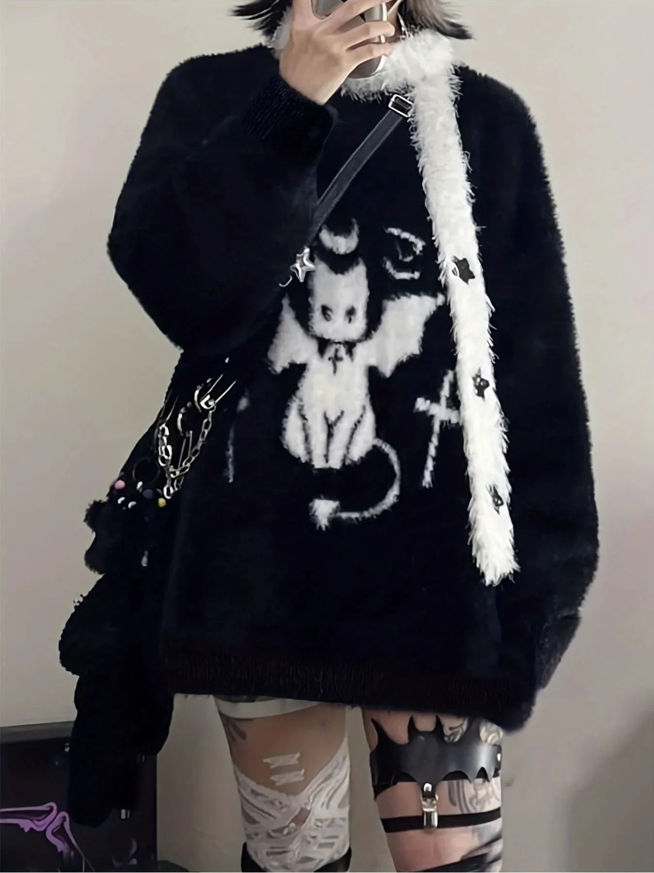 Gothic Casual Oversized Knitted Jumpers Grunge Cartoon Sweater Y2k Aesthetic Pullover