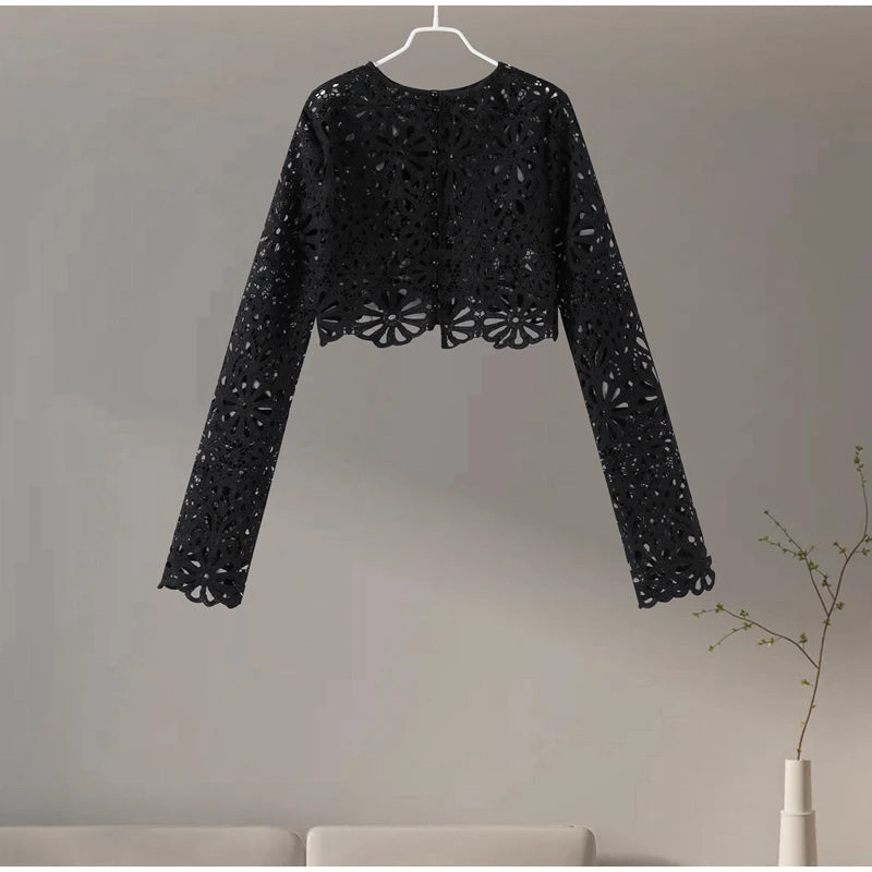 Summer Vacation See Through Crochet Top Women Set Hallow Out Flare Long Sleeve Skirts Set