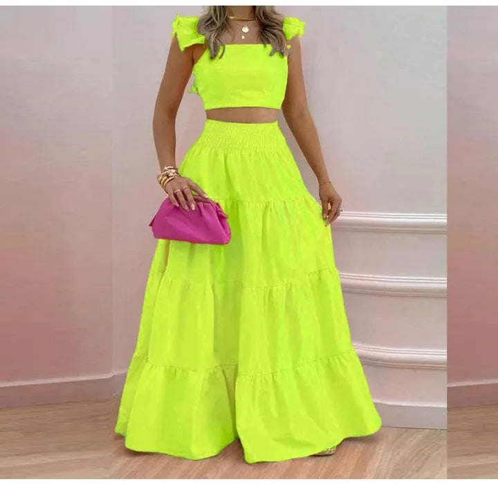 Y2k Two Piece Set Elegant Sexy Collage Sleeveless Top and Maxi Skirt Set